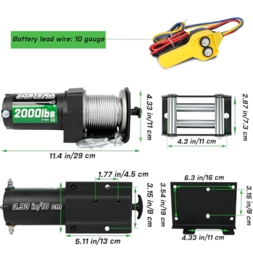 Zostera 2000lb Winch for ATV,Small Electric Winch 12V with Steel Cable,ATV Winch with Wired Manual Remote Control Switch,IP65 Waterproof,with Mounting Plate,with Roller Fairlead&Hook