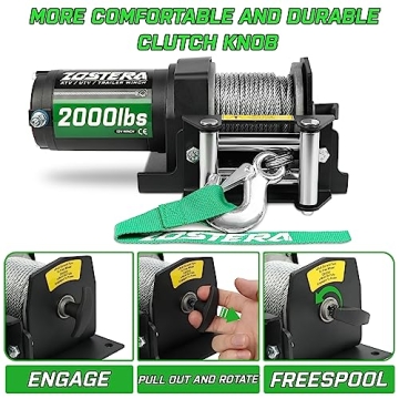 Zostera 2000lb Winch for ATV,Small Electric Winch 12V with Steel Cable,ATV Winch with Wired Manual Remote Control Switch,IP65 Waterproof,with Mounting Plate,with Roller Fairlead&Hook