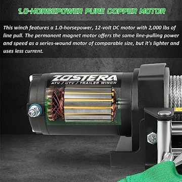 Zostera 2000lb Winch for ATV,Small Electric Winch 12V with Steel Cable,ATV Winch with Wired Manual Remote Control Switch,IP65 Waterproof,with Mounting Plate,with Roller Fairlead&Hook