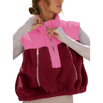 Tankaneo Womens Cropped Vests Outerwear Color Block Half Zipper Fleece Sherpa Sleeveless Winter Coat...