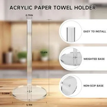 WORHE Paper Towel Holder Countertop Clear Acrylic 5.9" Diameter Thickening Sturdy Base,for Kitchen Bathroom, Paper Towel Dispenser for Tear Tissue Roll 1 Pack (YGC001)