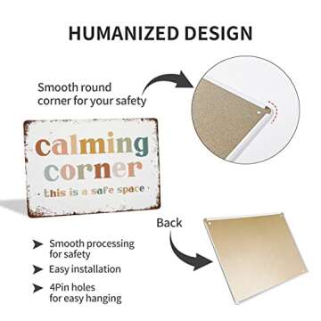NAMEY Funny Vintage Tin Metal Sign Calming Corner Sign Safe Space Wall Art Classroom Educational Posters Classroom Decor 8x12 Inch Suitable for Home and Bar Wall Decor