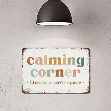 NAMEY Funny Vintage Tin Metal Sign Calming Corner Sign Safe Space Wall Art Classroom Educational Posters Classroom Decor 8x12 Inch Suitable for Home and Bar Wall Decor