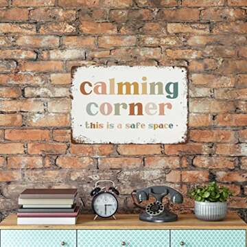 NAMEY Funny Vintage Tin Metal Sign Calming Corner Sign Safe Space Wall Art Classroom Educational Posters Classroom Decor 8x12 Inch Suitable for Home and Bar Wall Decor