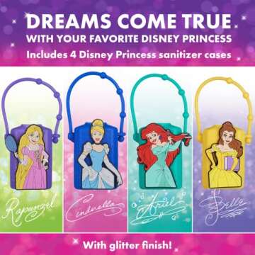 Evergreen Research Disney Store Princess Hand Sanitizer Holder Set - Pack of 4, Travel Size, Refillable and Portable Sanitizers w/Holders and Clip
