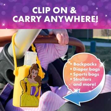 Evergreen Research Disney Store Princess Hand Sanitizer Holder Set - Pack of 4, Travel Size, Refillable and Portable Sanitizers w/Holders and Clip