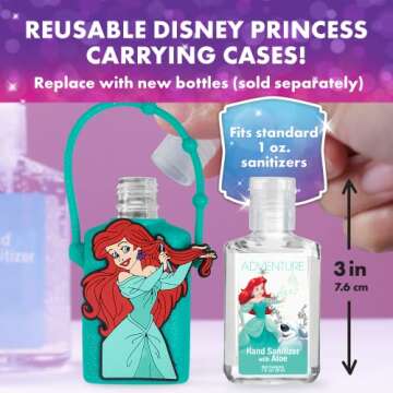 Evergreen Research Disney Store Princess Hand Sanitizer Holder Set - Pack of 4, Travel Size, Refillable and Portable Sanitizers w/Holders and Clip