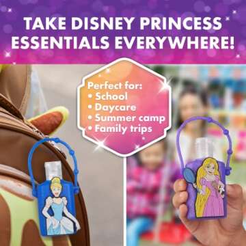Evergreen Research Disney Store Princess Hand Sanitizer Holder Set - Pack of 4, Travel Size, Refillable and Portable Sanitizers w/Holders and Clip