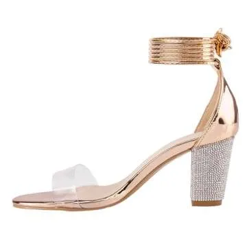 LALA IKAI Women's High Heels Strappy Rhinestone Sandals Open Toe Clear Block Mid Heels for Women Par...