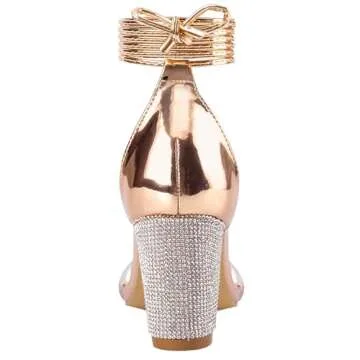 LALA IKAI Women's High Heels Strappy Rhinestone Sandals Open Toe Clear Block Mid Heels for Women Party Pumps Shoes Size 37.5,Gold