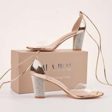 LALA IKAI Women's High Heels Strappy Rhinestone Sandals Open Toe Clear Block Mid Heels for Women Party Pumps Shoes Size 37.5,Gold