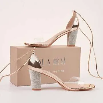 LALA IKAI Women's High Heels Strappy Rhinestone Sandals Open Toe Clear Block Mid Heels for Women Party Pumps Shoes Size 37.5,Gold