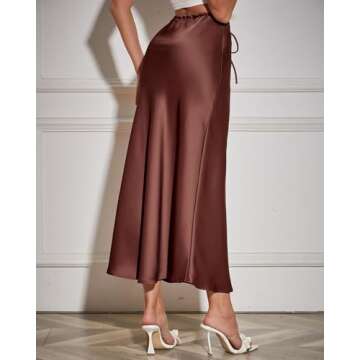 VividHarbor Women's Drawstring Satin Maxi Skirt High Waist Silk A Line Flowy Long Skirts Chocolate