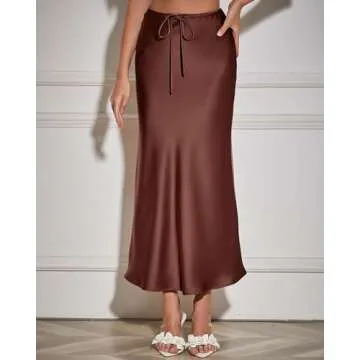 VividHarbor Women's Drawstring Satin Maxi Skirt High Waist Silk A Line Flowy Long Skirts Chocolate