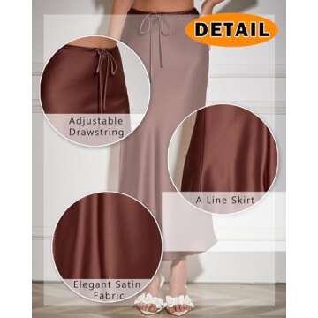 VividHarbor Women's Drawstring Satin Maxi Skirt High Waist Silk A Line Flowy Long Skirts Chocolate