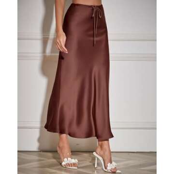 VividHarbor Women's Drawstring Satin Maxi Skirt High Waist Silk A Line Flowy Long Skirts Chocolate