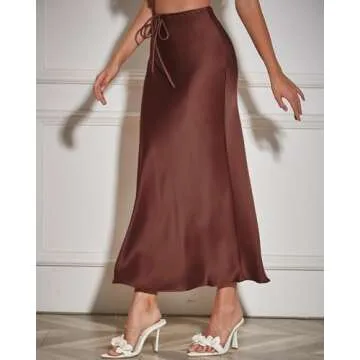 VividHarbor Women's Drawstring Satin Maxi Skirt High Waist Silk A Line Flowy Long Skirts Chocolate