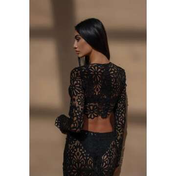 REASERAL Womens Lace 2 Piece Outfits Long Sleeves Round Neck Hollow Out Top Maxi Skirt Vacation Sets