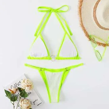 Women's Sparkly Rhinestone Halter Triangle O Ring Top String Thong High Cut Bottom 2 Pieces Bikini S...