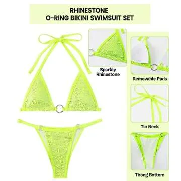 Women's Sparkly Rhinestone Halter Triangle O Ring Top String Thong High Cut Bottom 2 Pieces Bikini Swimsuit Set Neon Green