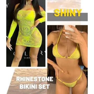 Women's Sparkly Rhinestone Halter Triangle O Ring Top String Thong High Cut Bottom 2 Pieces Bikini Swimsuit Set Neon Green