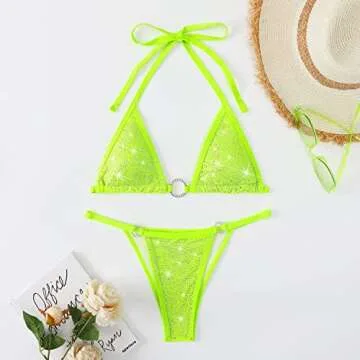Women's Sparkly Rhinestone Halter Triangle O Ring Top String Thong High Cut Bottom 2 Pieces Bikini Swimsuit Set Neon Green