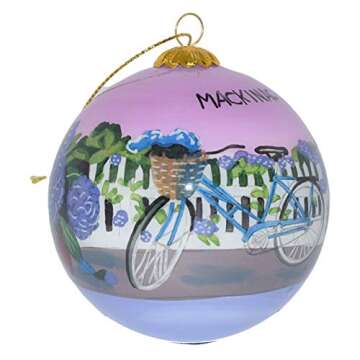 Art Studio Company - Hand Painted Christmas Ornament, Blown Glass, Hanging Tree Ornament, Holiday Decor, Hydrangeas w/Bicycle Mackinac Island, Michigan