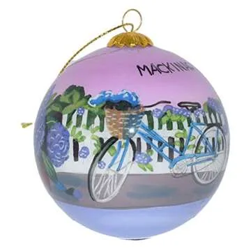 Art Studio Company - Hand Painted Christmas Ornament, Blown Glass, Hanging Tree Ornament, Holiday Decor, Hydrangeas w/Bicycle Mackinac Island, Michigan