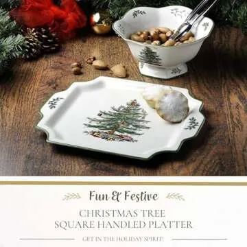 Spode Christmas Tree 12.5" Square Handled Serving Platter - Porcelain Serving Plate for Holiday Snac...