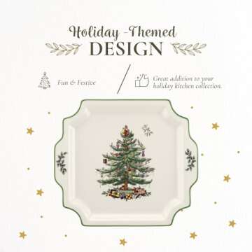 Spode Christmas Tree 12.5" Square Handled Serving Platter - Porcelain Serving Plate for Holiday Snacks, Appetizers, Buffet Displays - Microwave & Dishwasher Safe - Elegant Holiday Tableware