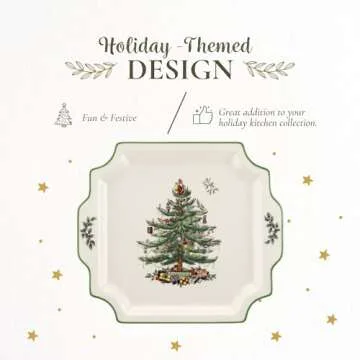 Spode Christmas Tree 12.5" Square Handled Serving Platter - Porcelain Serving Plate for Holiday Snacks, Appetizers, Buffet Displays - Microwave & Dishwasher Safe - Elegant Holiday Tableware