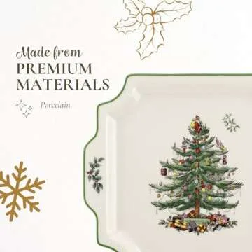 Spode Christmas Tree 12.5" Square Handled Serving Platter - Porcelain Serving Plate for Holiday Snacks, Appetizers, Buffet Displays - Microwave & Dishwasher Safe - Elegant Holiday Tableware