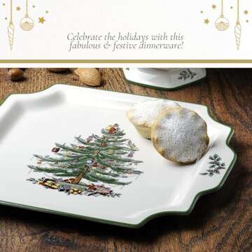 Spode Christmas Tree 12.5" Square Handled Serving Platter - Porcelain Serving Plate for Holiday Snacks, Appetizers, Buffet Displays - Microwave & Dishwasher Safe - Elegant Holiday Tableware
