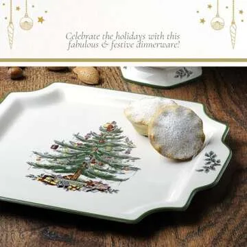 Spode Christmas Tree 12.5" Square Handled Serving Platter - Porcelain Serving Plate for Holiday Snacks, Appetizers, Buffet Displays - Microwave & Dishwasher Safe - Elegant Holiday Tableware