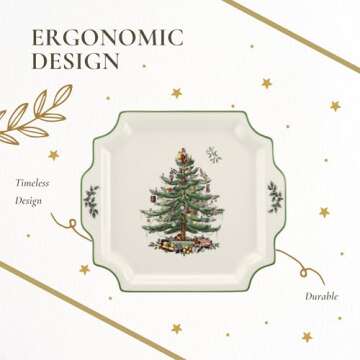 Spode Christmas Tree 12.5" Square Handled Serving Platter - Porcelain Serving Plate for Holiday Snacks, Appetizers, Buffet Displays - Microwave & Dishwasher Safe - Elegant Holiday Tableware