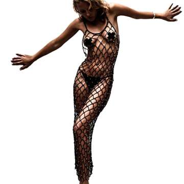 Ypser Women's Fishnet Cover Up Dress Rhinestone Long Maxi Dress Beach Crochet Bikini Coverup Black