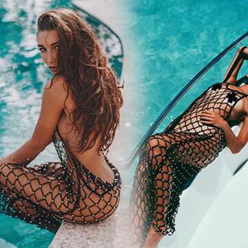 Ypser Women's Fishnet Cover Up Dress Rhinestone Long Maxi Dress Beach Crochet Bikini Coverup Black