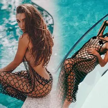 Ypser Women's Fishnet Cover Up Dress Rhinestone Long Maxi Dress Beach Crochet Bikini Coverup Black