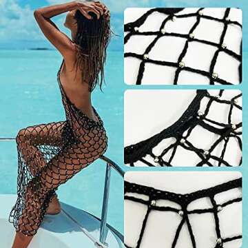 Ypser Women's Fishnet Cover Up Dress Rhinestone Long Maxi Dress Beach Crochet Bikini Coverup Black