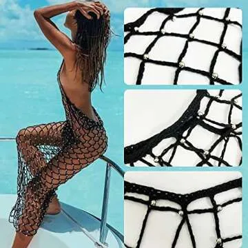 Ypser Women's Fishnet Cover Up Dress Rhinestone Long Maxi Dress Beach Crochet Bikini Coverup Black