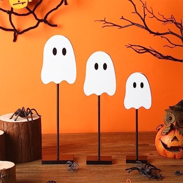 Chitidr 3 Pcs Halloween Standing Table Decor Wood Tiered Tray Table Decorations Ghost Table Centerpiece Tall Block Sign Set for Halloween Party Home (White)