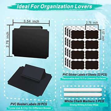 54-Piece Set of Basket Labels Clip On For Storage Bins: 20 Erasable Plastic Kitchen Pantry Labels, 32 Removable PVC Tag Stickers, 2 White Chalk Markers, For Organization Container, Jar, Shelf, Laundry
