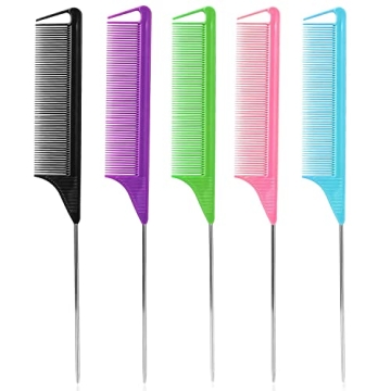 Professional Hair Styling Combs Set - 5Pcs Metal Rat Tail Comb Set for All Hair Types