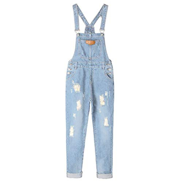 AvaCostume Women's Adjustable Strap Ripped Denim Overalls LightBlue M