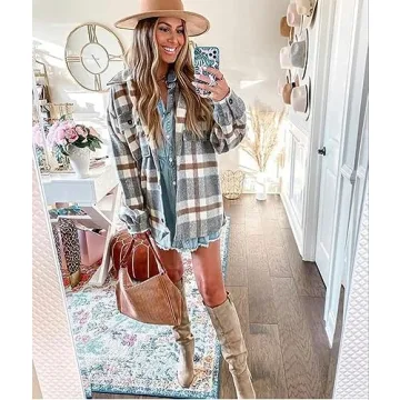 Brushed Plaid Flannel Shacket for Women - Khaki