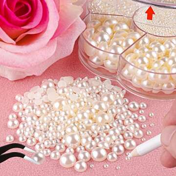 BELLEBOOST 5600pcs ABS Round Flat Back Beige Pearls Kit with Pickup Tools for Nail Art, Face, Body D...