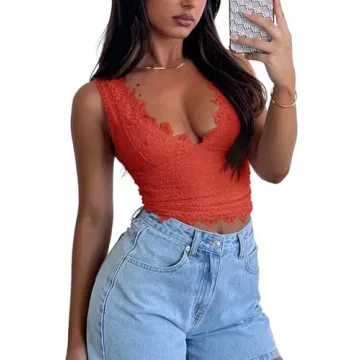 REORIA Womens Sexy V-Neck Sleeveless Lace Cropped Tank Top