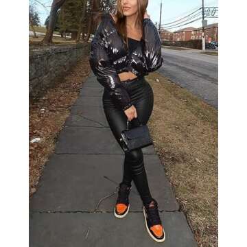 AMEBELLE Women Winter Warm Stand Collar Slim Fit Cropped Puffer Down Jacket Coats