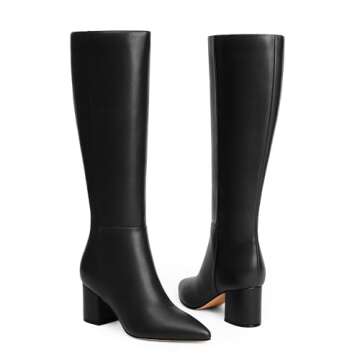 Easyfox Knee High Boots for Women Black Leather Boots for Women Chunky Heel Tall Black Boots Pointed Toe Fall Boots 2024 Block High Boots Size 8