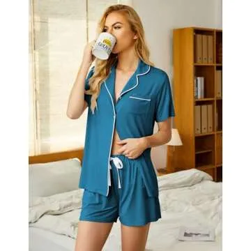 Ekouaer Pajamas Set for Women Short Sleeve Sleepwear Button Down Pjs Soft 2 Piece Lounge Sets Blue Green Small